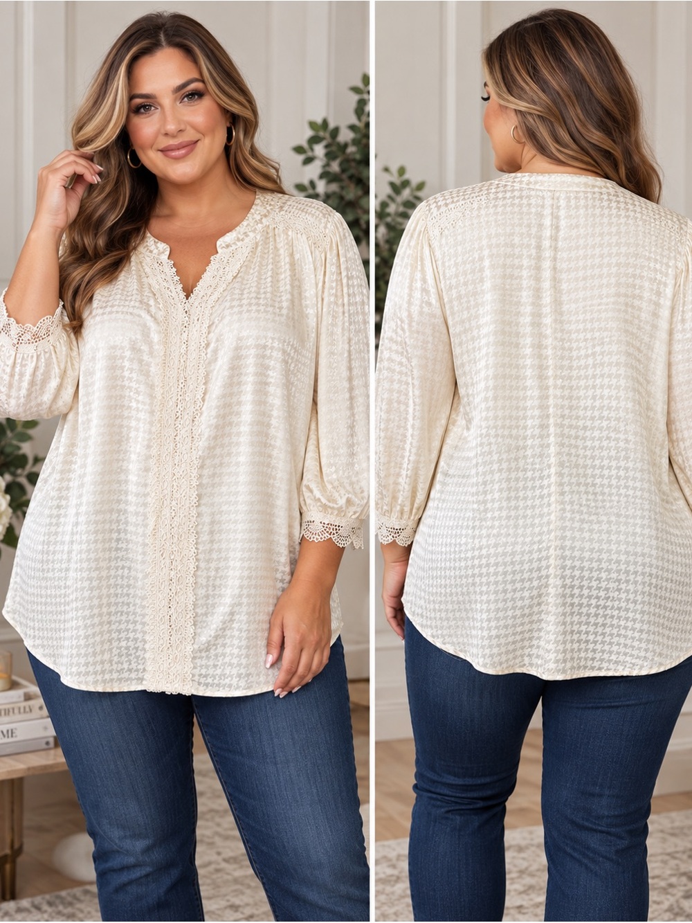 Perch by Blu Pepper Cream Ivory Houndstooth Lace Trim V-Neck Blouse 3XL Plus